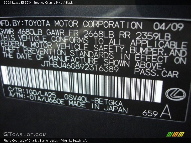 Smokey Granite Mica / Black 2009 Lexus ES 350