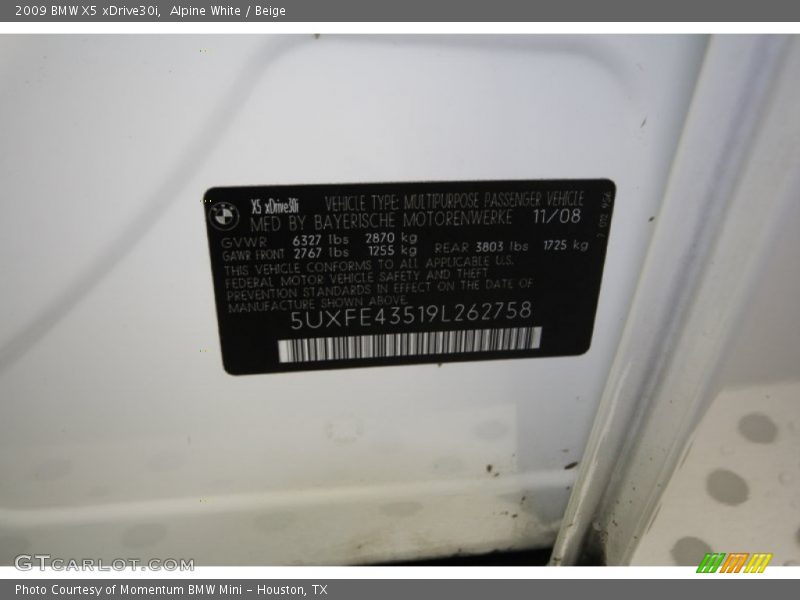 Alpine White / Beige 2009 BMW X5 xDrive30i