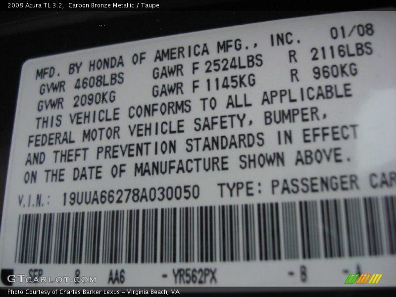 2008 TL 3.2 Carbon Bronze Metallic Color Code YR562PX