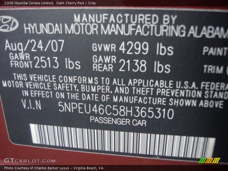 Dark Cherry Red / Gray 2008 Hyundai Sonata Limited