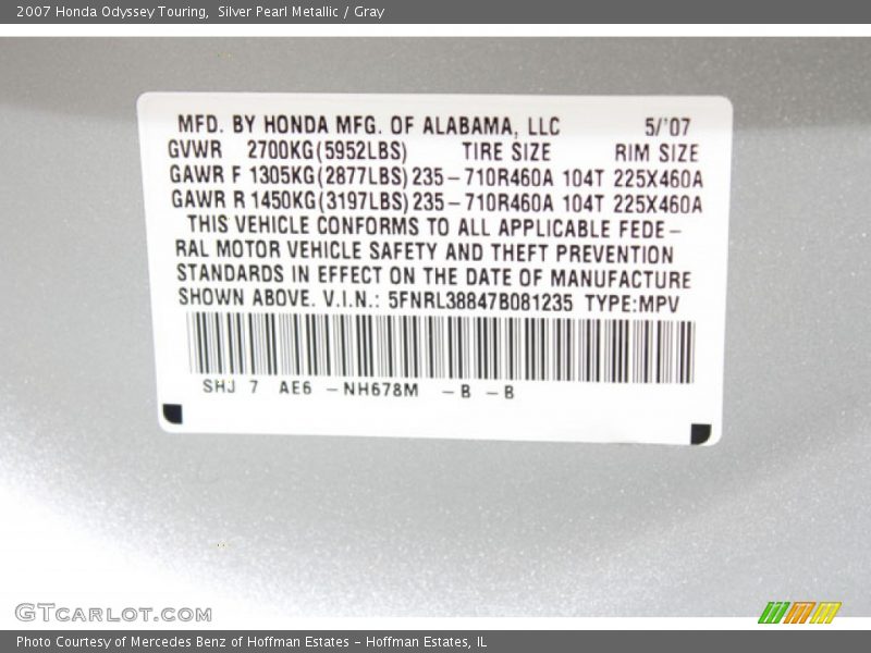 2007 Odyssey Touring Silver Pearl Metallic Color Code NH678M