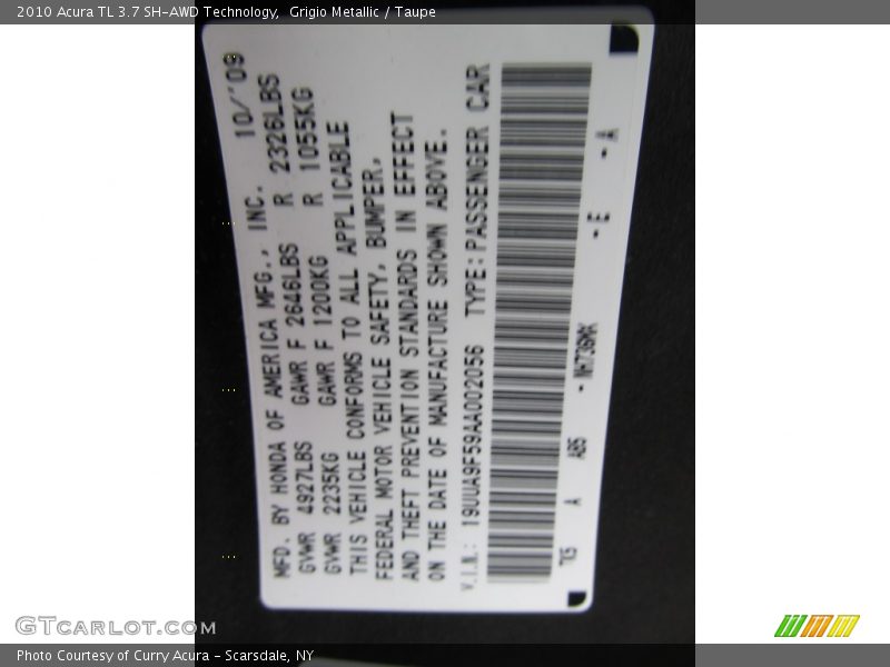 2010 TL 3.7 SH-AWD Technology Grigio Metallic Color Code NH736MX