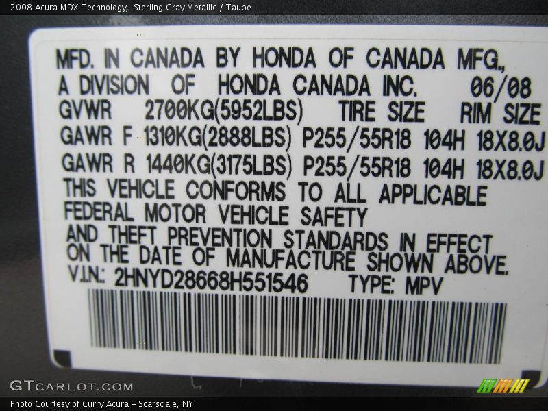 Sterling Gray Metallic / Taupe 2008 Acura MDX Technology