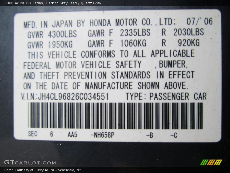 2006 TSX Sedan Carbon Gray Pearl Color Code NH658P