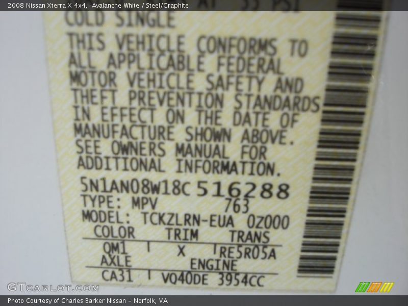 2008 Xterra X 4x4 Avalanche White Color Code QM1