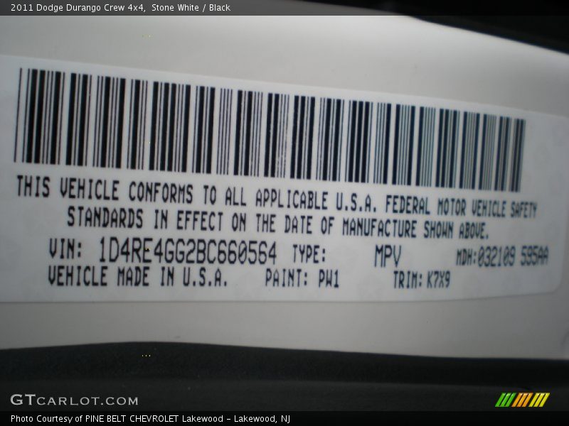 2011 Durango Crew 4x4 Stone White Color Code PW1