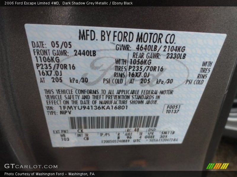 Dark Shadow Grey Metallic / Ebony Black 2006 Ford Escape Limited 4WD
