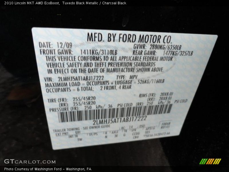 2010 MKT AWD EcoBoost Tuxedo Black Metallic Color Code UH