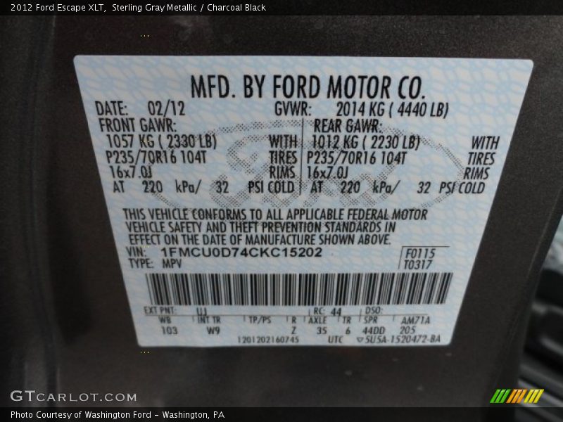 Sterling Gray Metallic / Charcoal Black 2012 Ford Escape XLT