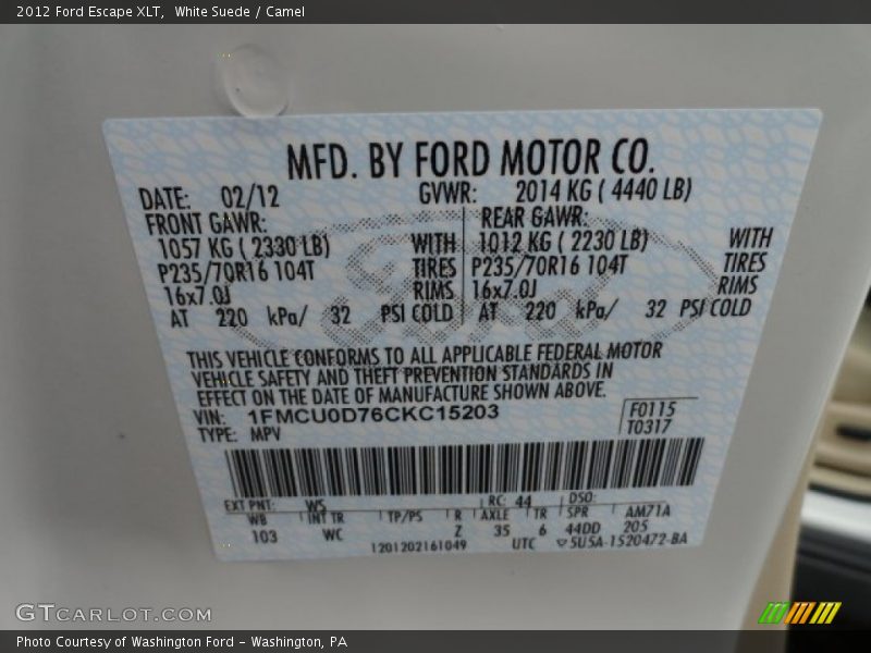 2012 Escape XLT White Suede Color Code WS