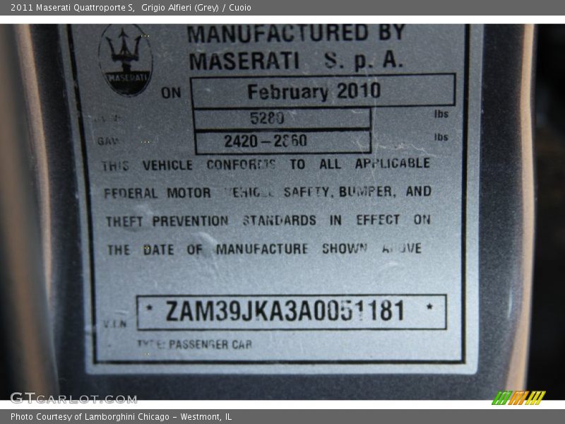 Grigio Alfieri (Grey) / Cuoio 2011 Maserati Quattroporte S