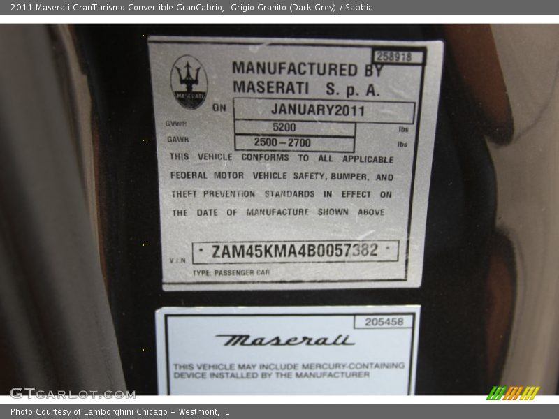 Info Tag of 2011 GranTurismo Convertible GranCabrio