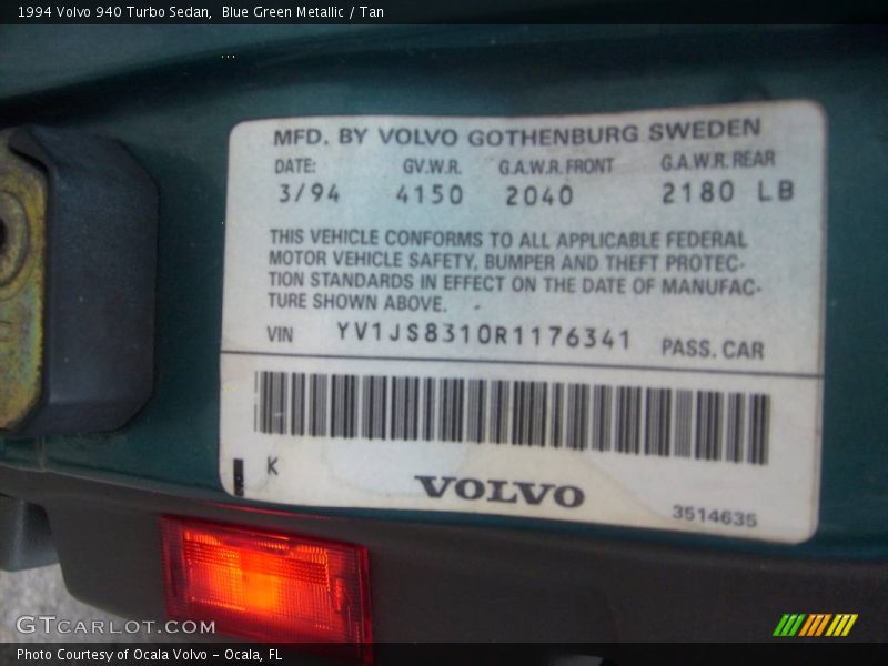 Blue Green Metallic / Tan 1994 Volvo 940 Turbo Sedan