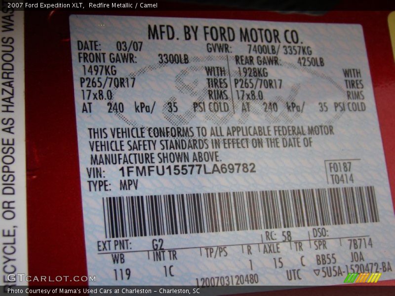 2007 Expedition XLT Redfire Metallic Color Code G2