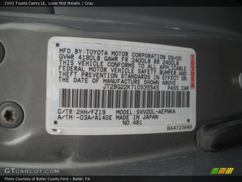 Lunar Mist Metallic / Gray 2001 Toyota Camry LE