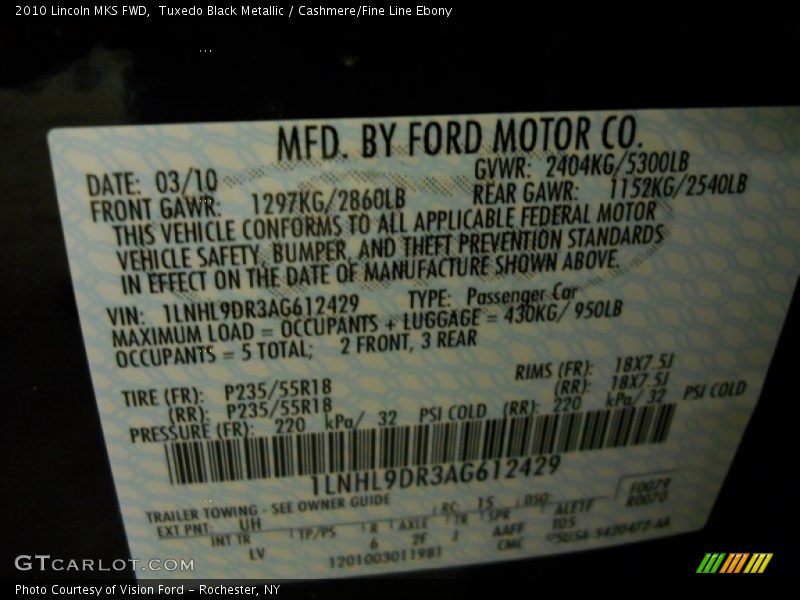 2010 MKS FWD Tuxedo Black Metallic Color Code UH