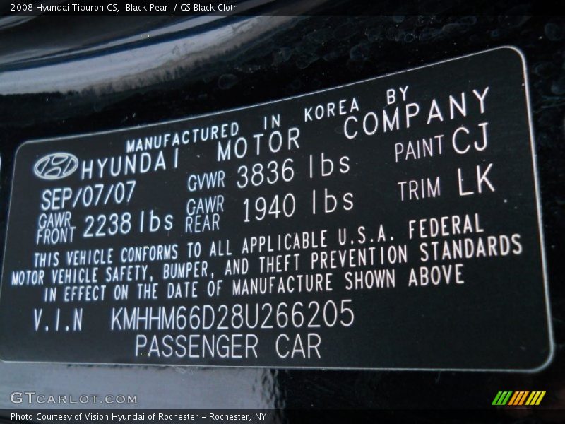 Black Pearl / GS Black Cloth 2008 Hyundai Tiburon GS