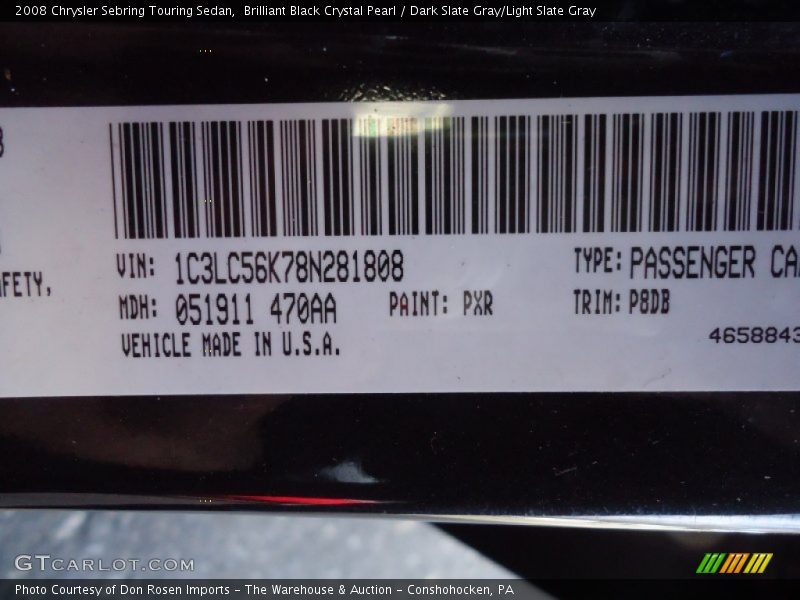 Brilliant Black Crystal Pearl / Dark Slate Gray/Light Slate Gray 2008 Chrysler Sebring Touring Sedan