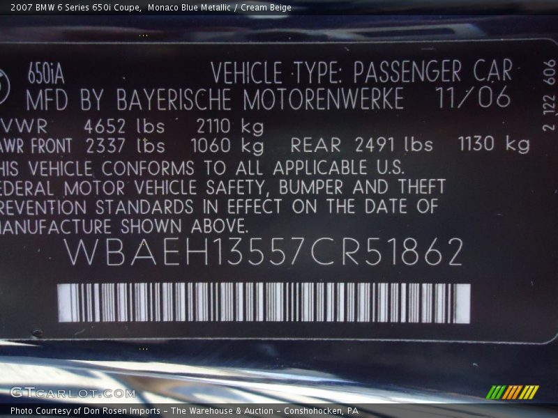 Monaco Blue Metallic / Cream Beige 2007 BMW 6 Series 650i Coupe