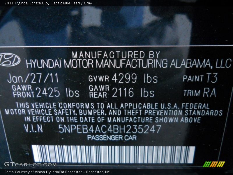 2011 Sonata GLS Pacific Blue Pearl Color Code T3