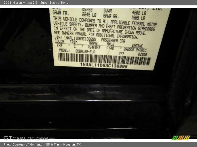 2003 Altima 2.5 Super Black Color Code KH3