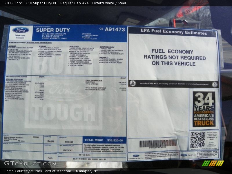  2012 F350 Super Duty XLT Regular Cab 4x4 Window Sticker
