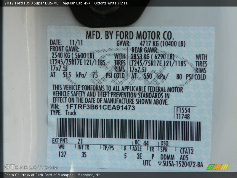 Oxford White / Steel 2012 Ford F350 Super Duty XLT Regular Cab 4x4