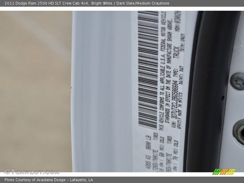 2011 Ram 2500 HD SLT Crew Cab 4x4 Bright White Color Code PW7