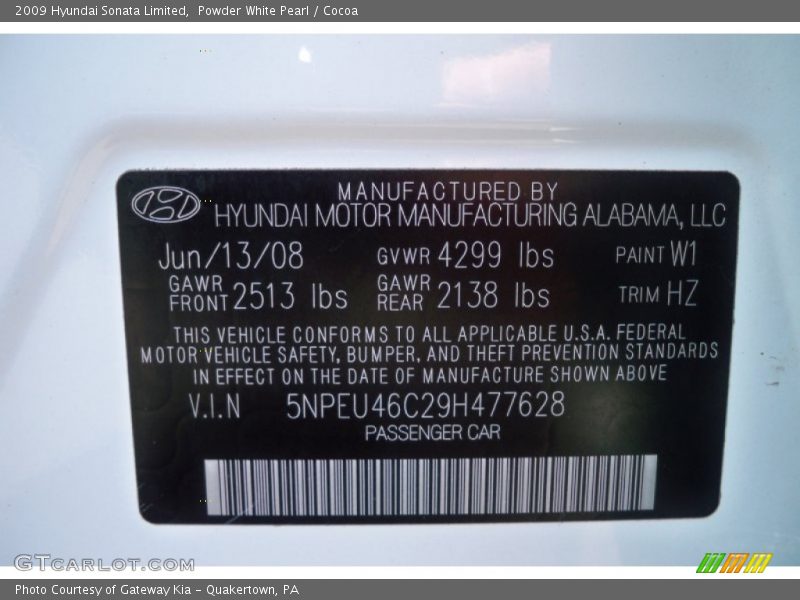 Powder White Pearl / Cocoa 2009 Hyundai Sonata Limited