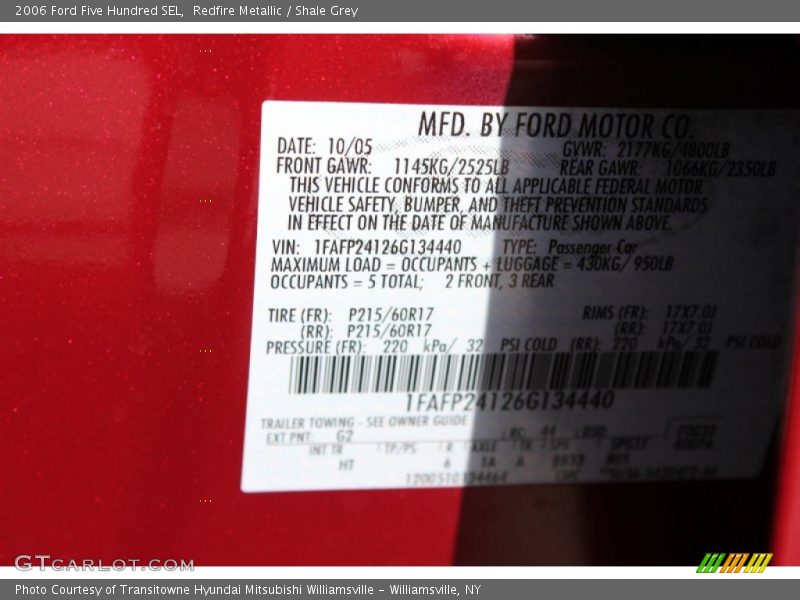 2006 Five Hundred SEL Redfire Metallic Color Code G2