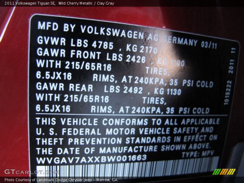 Wild Cherry Metallic / Clay Gray 2011 Volkswagen Tiguan SE