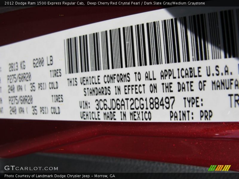 2012 Ram 1500 Express Regular Cab Deep Cherry Red Crystal Pearl Color Code PRP
