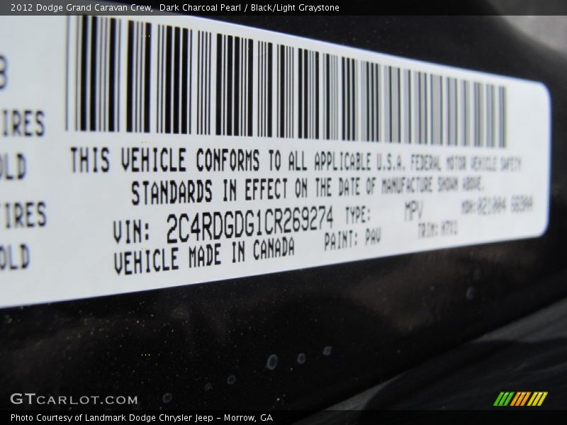 2012 Grand Caravan Crew Dark Charcoal Pearl Color Code PAV