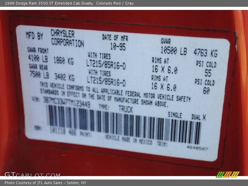 Info Tag of 1996 Ram 3500 ST Extended Cab Dually
