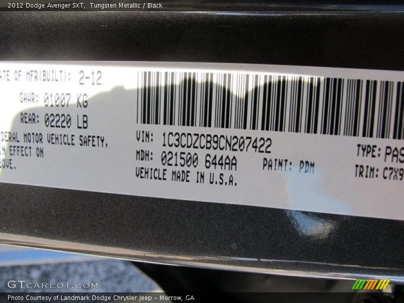 Tungsten Metallic / Black 2012 Dodge Avenger SXT