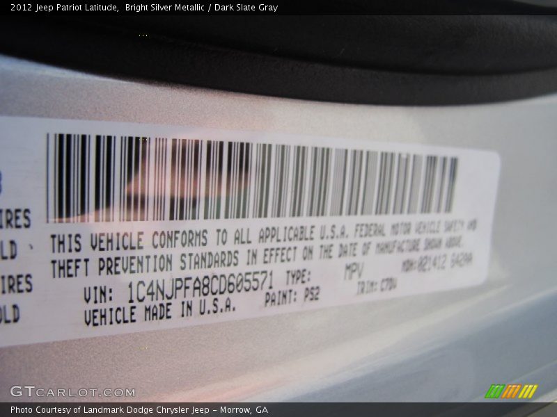 2012 Patriot Latitude Bright Silver Metallic Color Code PS2