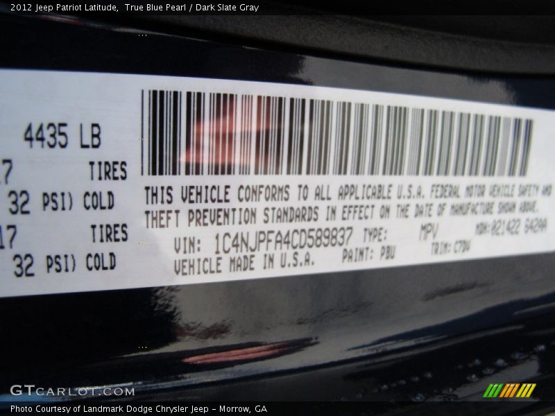 2012 Patriot Latitude True Blue Pearl Color Code PBU