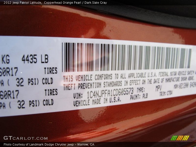 2012 Patriot Latitude Copperhead Orange Pearl Color Code PLB