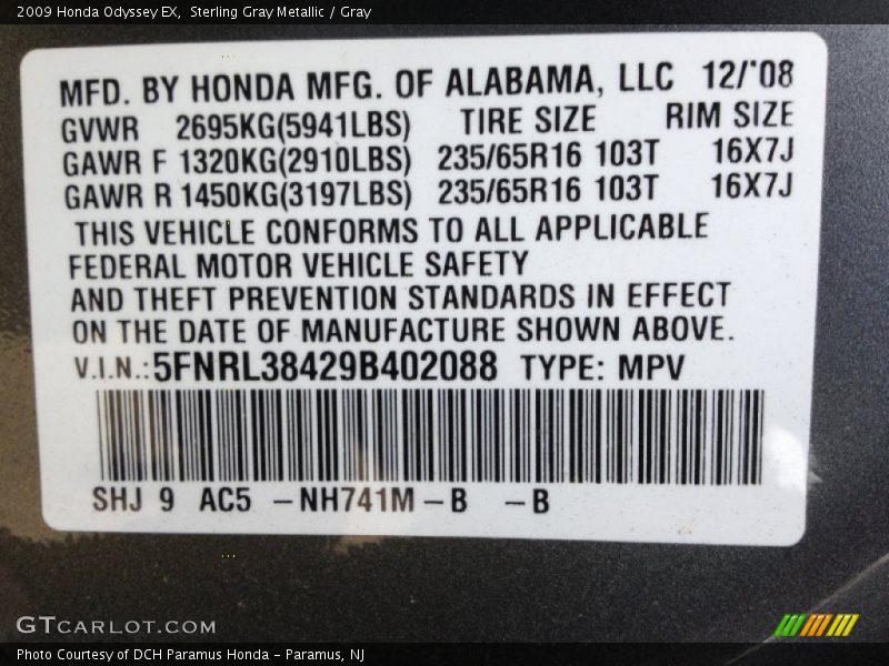 Sterling Gray Metallic / Gray 2009 Honda Odyssey EX