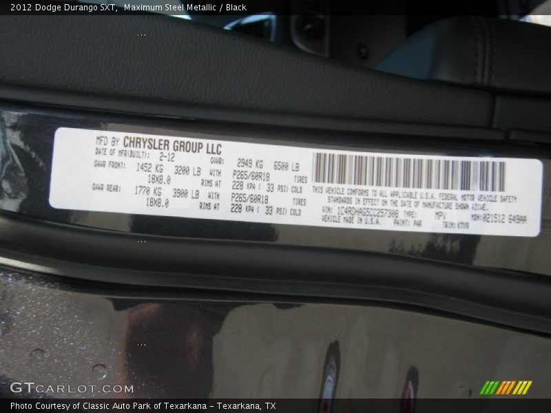 2012 Durango SXT Maximum Steel Metallic Color Code PAR