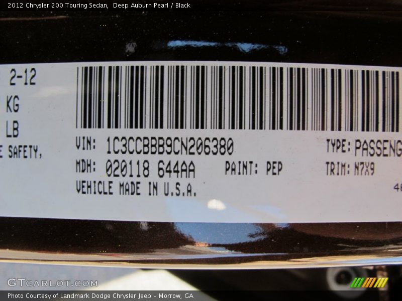 2012 200 Touring Sedan Deep Auburn Pearl Color Code PEP