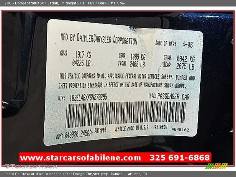 Midnight Blue Pearl / Dark Slate Grey 2006 Dodge Stratus SXT Sedan
