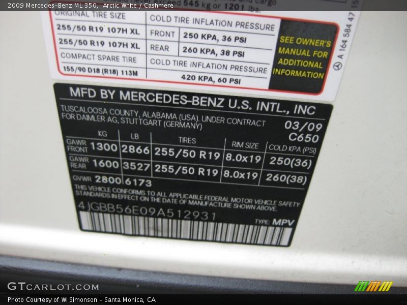 Arctic White / Cashmere 2009 Mercedes-Benz ML 350