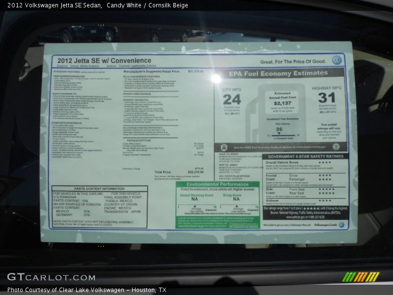 Candy White / Cornsilk Beige 2012 Volkswagen Jetta SE Sedan