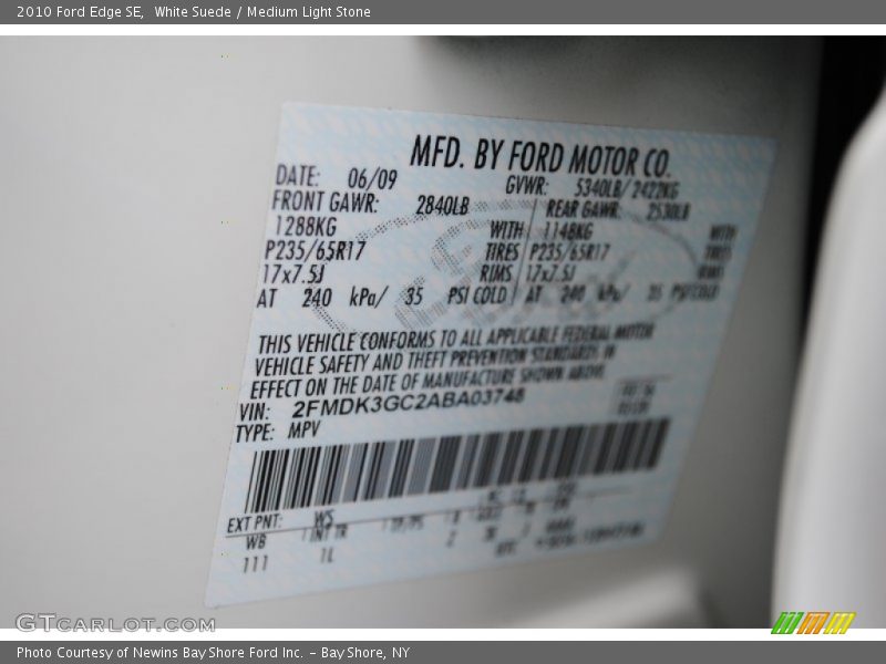 2010 Edge SE White Suede Color Code WS