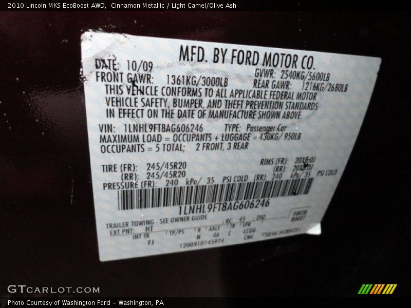2010 MKS EcoBoost AWD Cinnamon Metallic Color Code HT