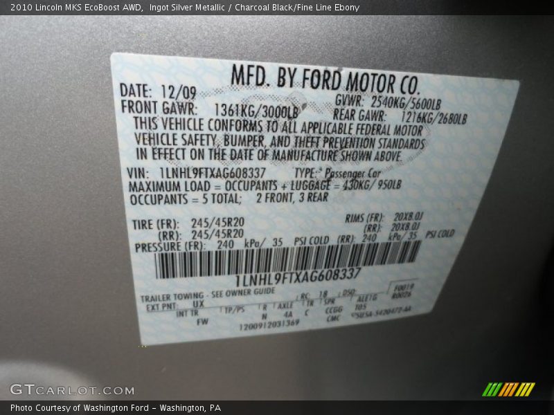 Ingot Silver Metallic / Charcoal Black/Fine Line Ebony 2010 Lincoln MKS EcoBoost AWD