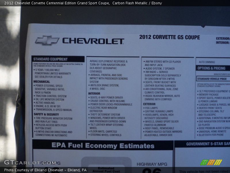 2012 Corvette Centennial Edition Grand Sport Coupe Window Sticker