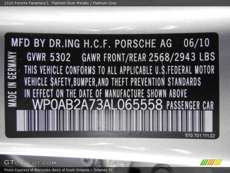 Platinum Silver Metallic / Platinum Grey 2010 Porsche Panamera S