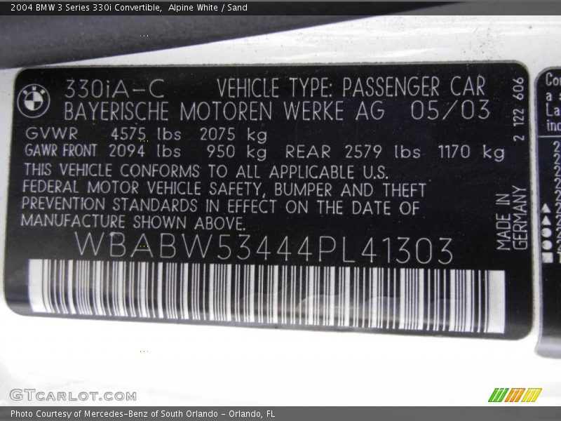 Alpine White / Sand 2004 BMW 3 Series 330i Convertible